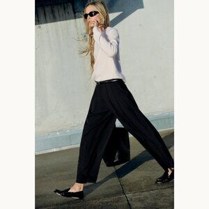 NWT Zara High Rise Wide Leg Pleated Trousers Black Size XS